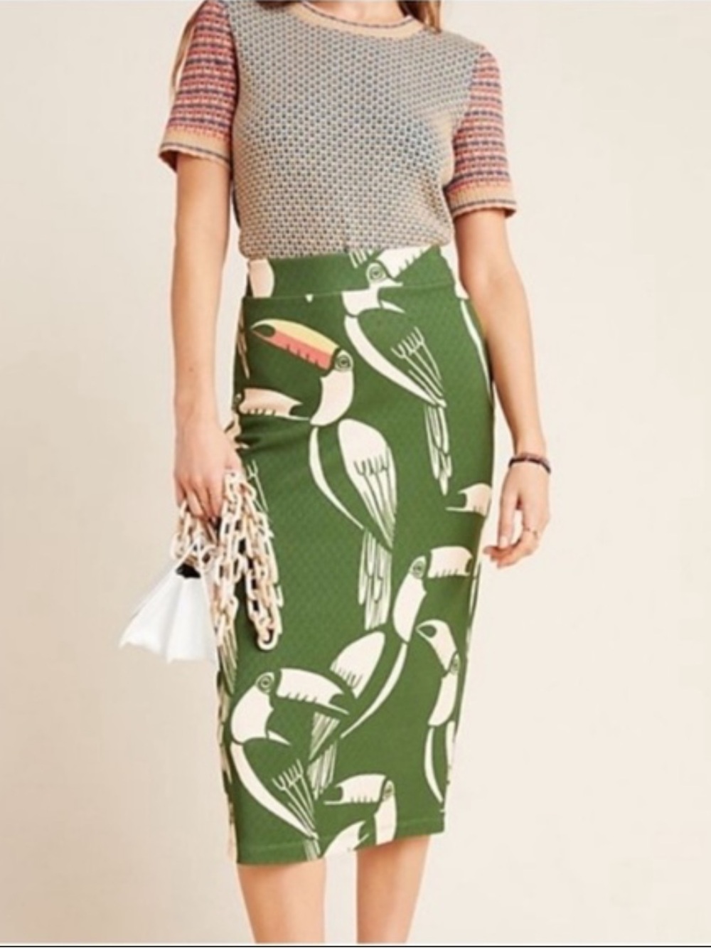 FARM Rio Green Toucan-Print Midi Skirt with Pink Accents